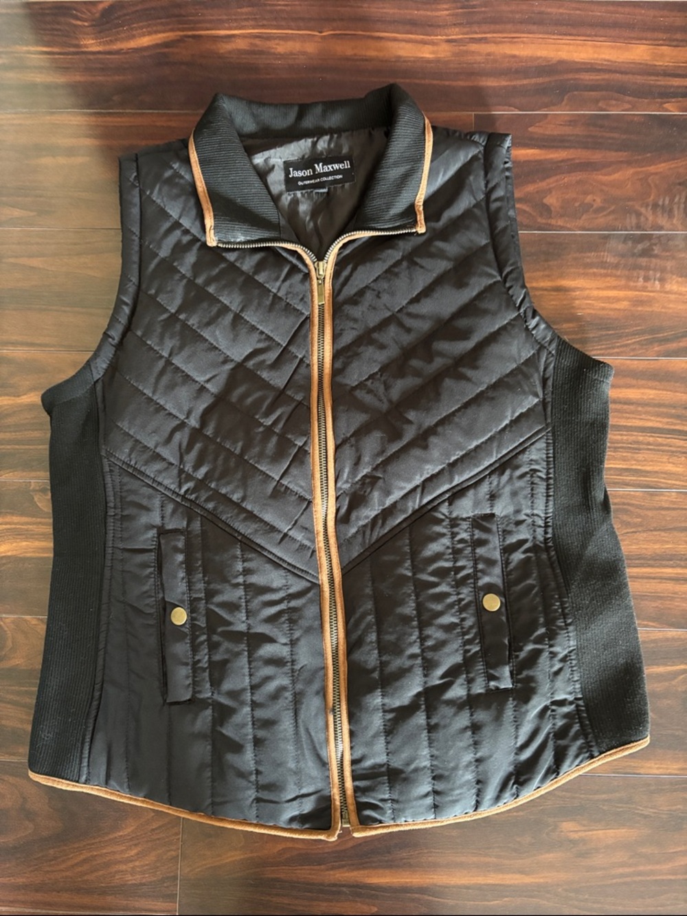 jason maxwell Black Quilted Vest with Tan Trim